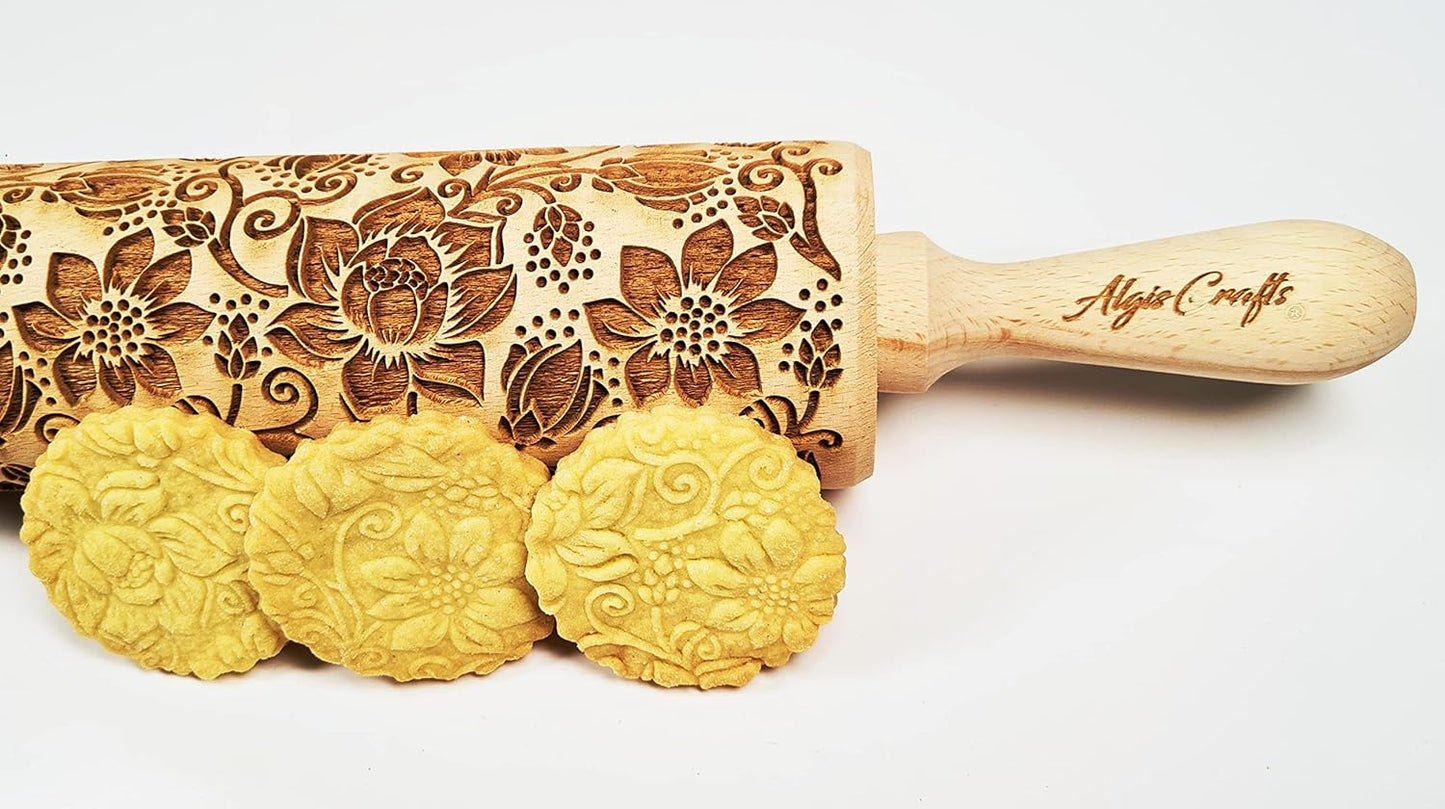 LOTUS embossing rolling pin with Lotus flower Pattern. Dough roller for embossed cookies and Pottery by Algis Crafts