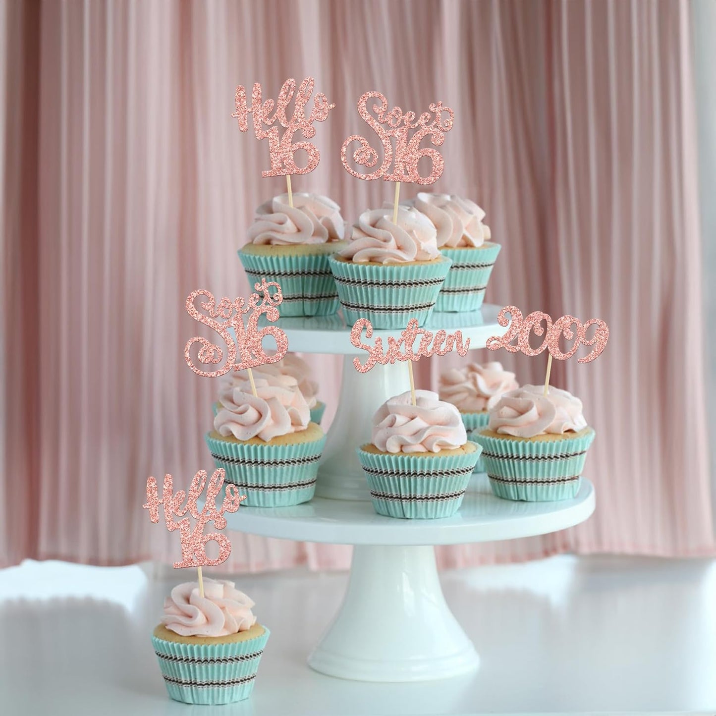 Gyufise 24pcs 16th Birthday Cupcake Toppers - Rose Gold Glitter Hello Sweet 16 Cupcake Picks - 2009 16th Birthday Cake Decorations for Anniversary Party Supplies