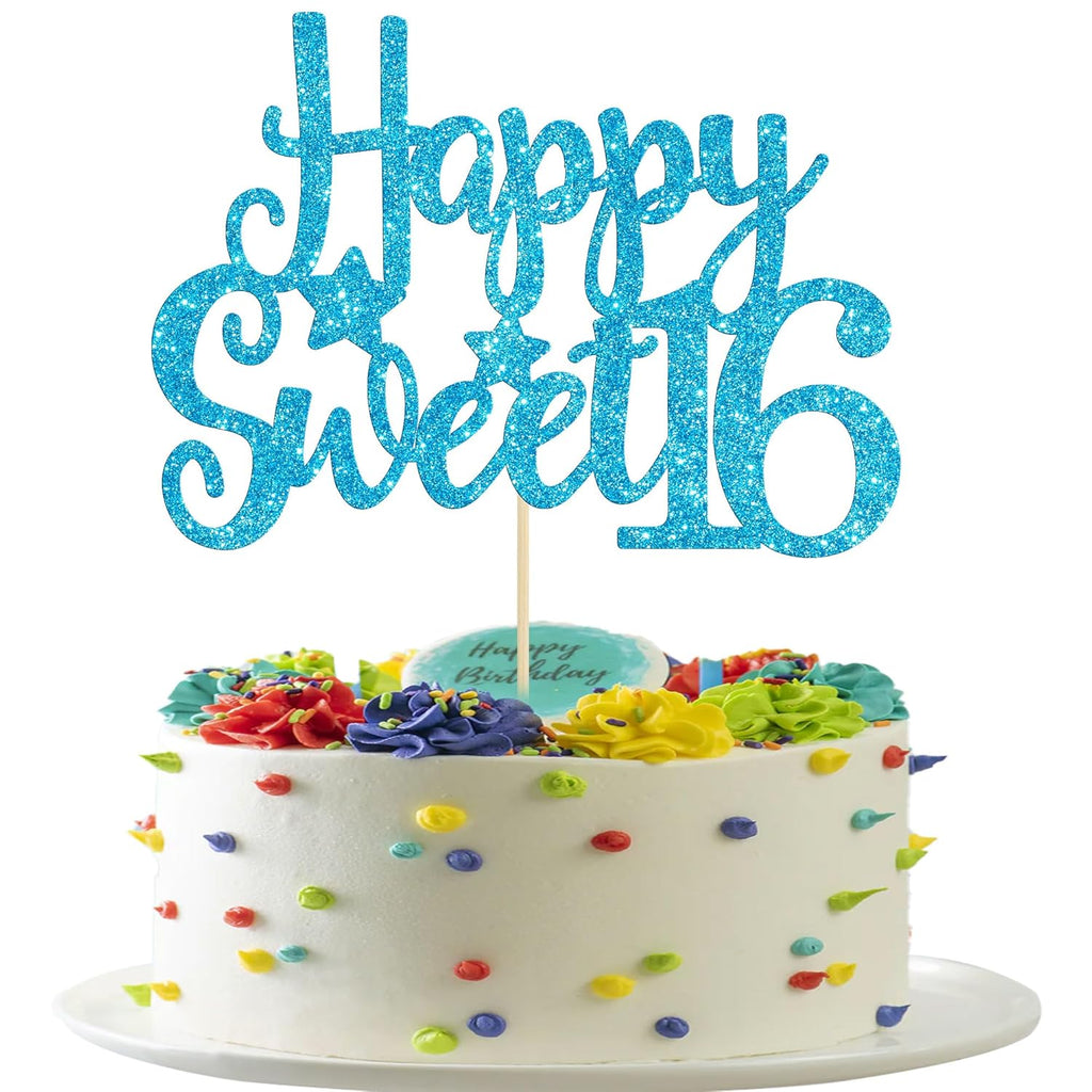Gyufise 1Pc Happy Sweet 16 Cake Topper Glitter 16th Birthday Cake Pick for Cheers to 16 Years Old 16th Birthday Party Cake Decorations Supplies Light Blue