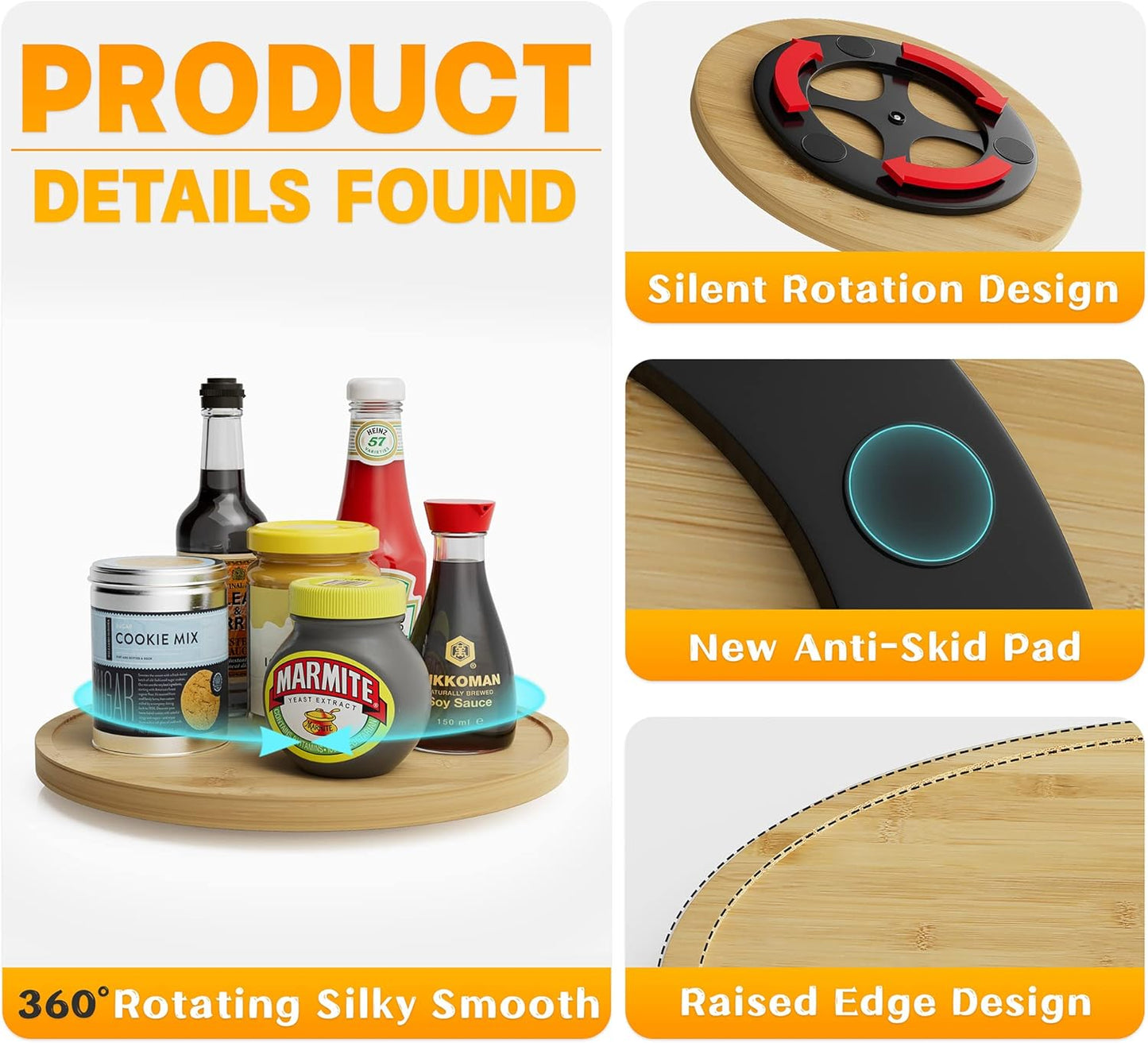 Lazy Susan Organizer Homerays 9 Inch Non-Skid Bamboo Lazy Susan for Kitchen Rotating Spice Rack for Kitchen Cabinet, Wood Turntable for Kitchen Countertop Organizer