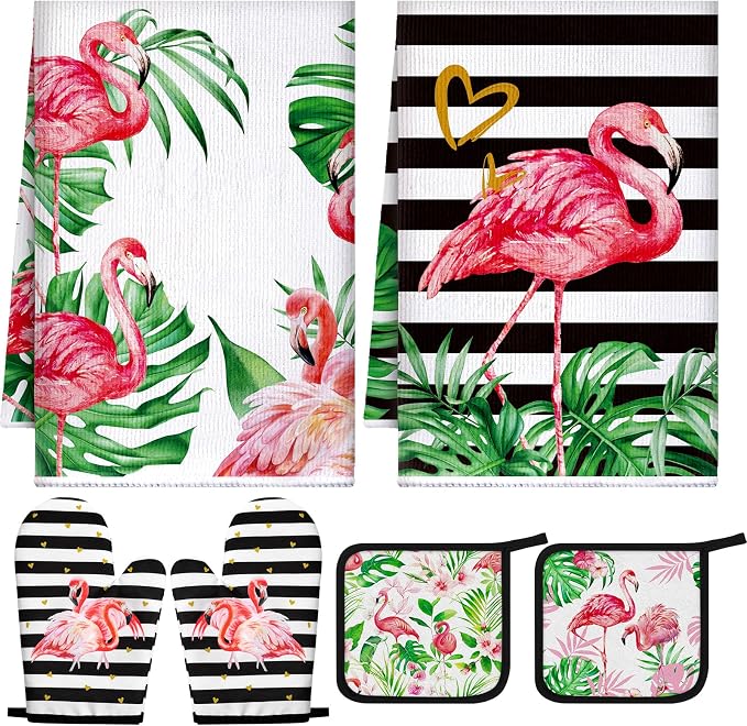 Bencailor 6 Pcs Flamingo Kitchen Towels Oven Mitts and Pot Holders Set by Bencailor