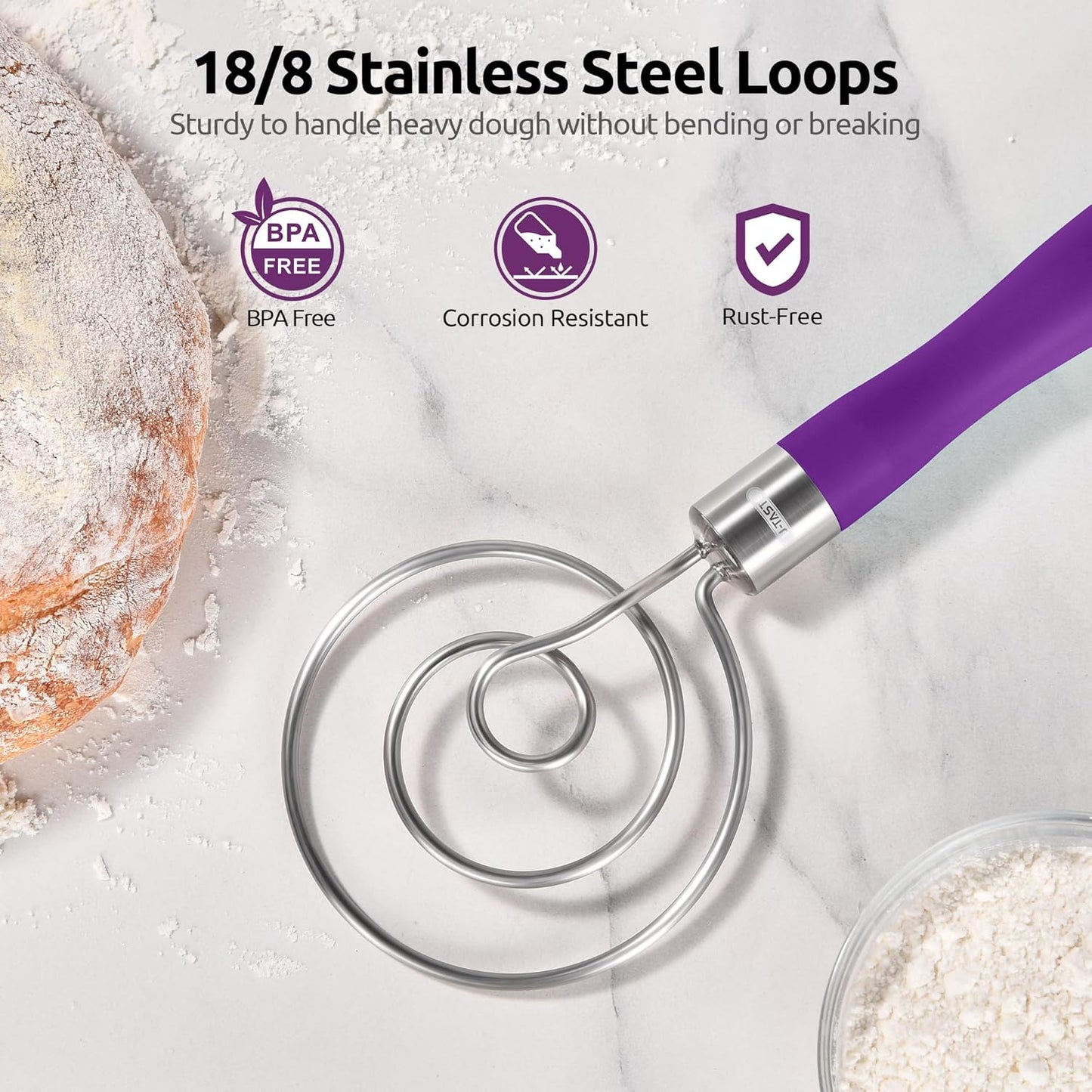 U-Taste 12.6in Danish Dough Whisk: 18/8 Stainless Steel Heavy-Duty Sourdough Mixer Tool, Food Grade Dutch Style Seamless Bread Wisk, Sturdy for Mixing, Stirring, Kneading Thick Batter (Purple)