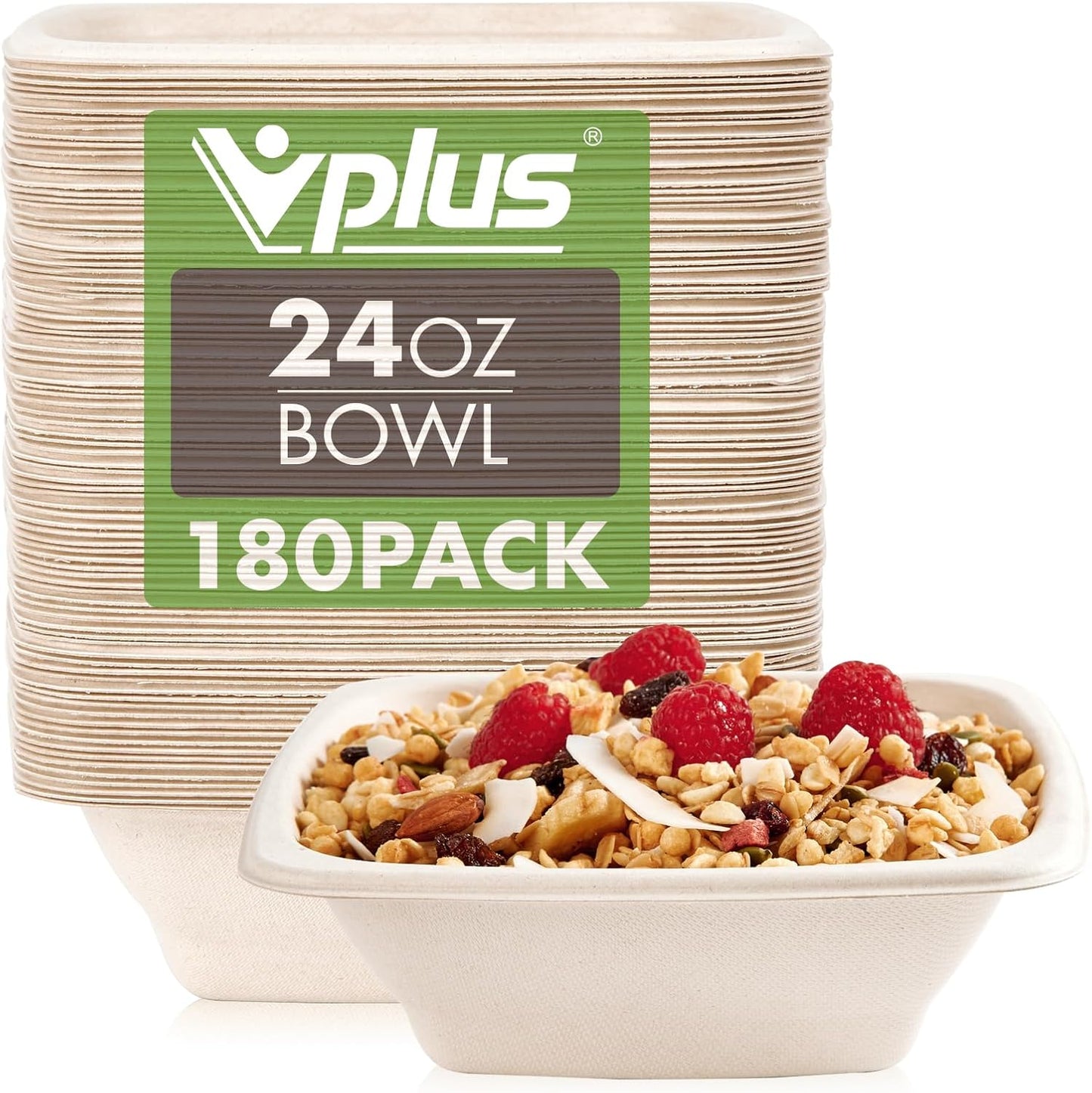 Vplus 180 Pack 24 OZ Paper Bowls Bulk, Square Disposable and Compostable, Eco-friendly Bagasse, Heavy-duty Bowls Perfect for Milk Cereals, Snacks, Salads