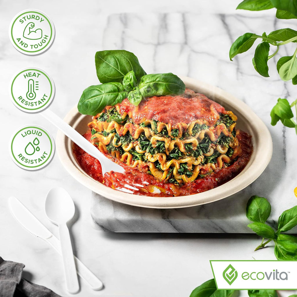100% Compostable Forks - 500 Large Disposable Utensils (7 in.) Bulk Size Eco Friendly Durable and Heat Resistant Alternative to Plastic Forks with Convenient Tray