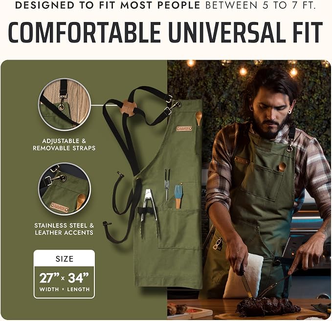 Asaya Chef and BBQ Apron with Bottle Opener and Hand Towel - 10oz Cotton Canvas - Image 5