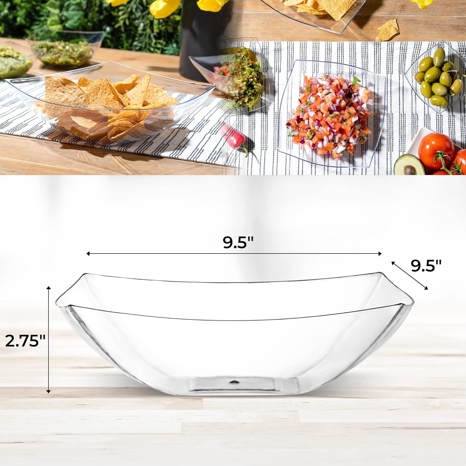Posh Setting - Clear Plastic Serving Bowls (64oz - 4 Pack) Square, Disposable, Candy & Fruit Bowls for Party Table, Candy Containers