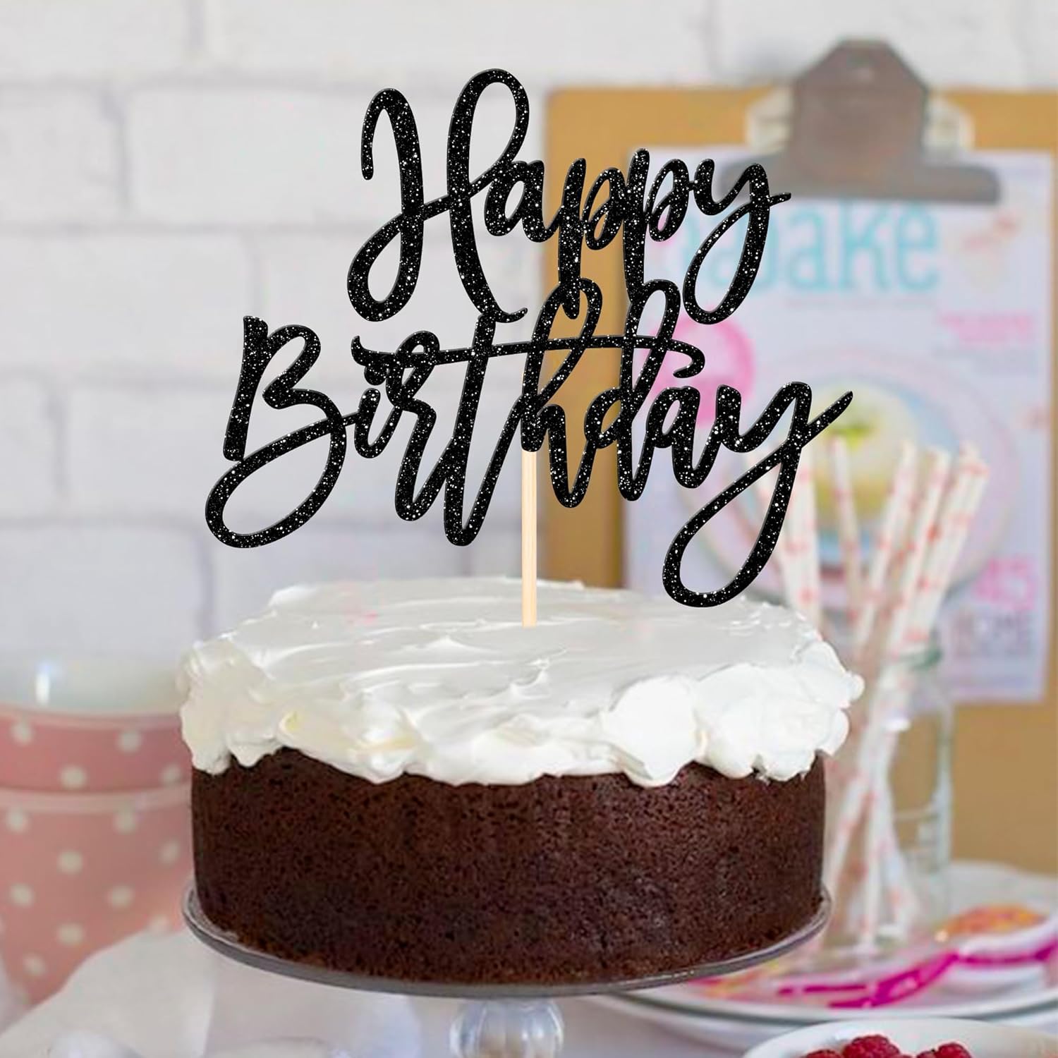 ZHUOWEISM 1 PCS Happy Birthday Cake Topper Glitter Happy Birthday Cake Pick for Celebrating Happy Birthday Anniversary Theme Party Cake Decorations Supplies Black