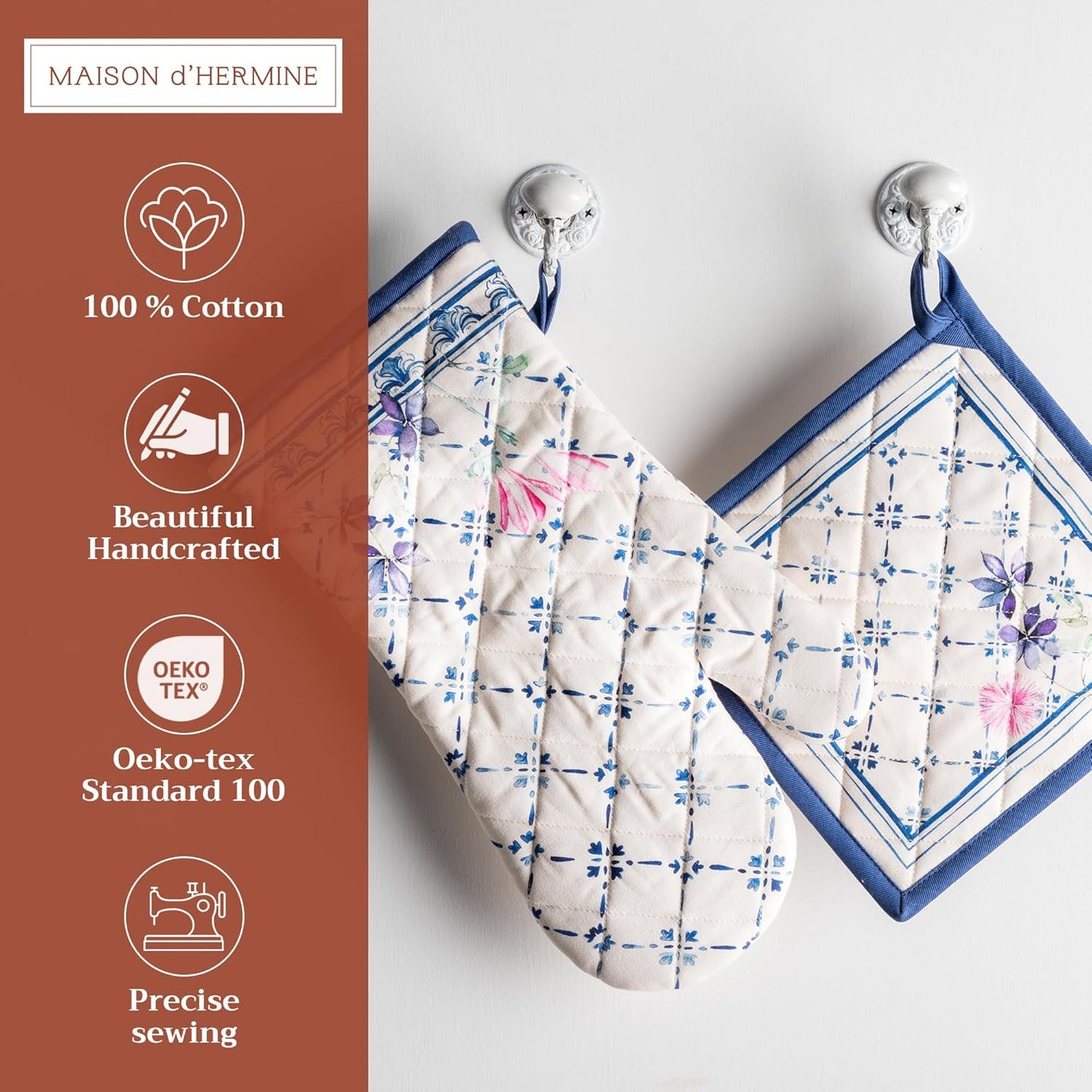 Maison d' Hermine 100% Cotton Oven Mitt & Pot Holder Set (7.5"x13" & 8"x8") Heat Resistant BBQ Cooking Gloves with Loop, Baking, Grilling, Kitchen, Handling Hot Pans Spring/Summer (Faience)