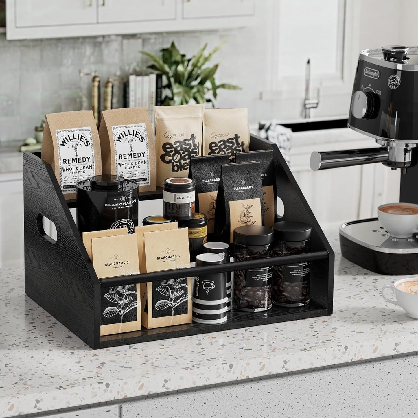 3 Tier Wood Liquor Bottle Display Shelf, Coffee Syrup Organizer Rack, Wine Racks Countertop, Bar Shelf for Vodka Tequila Whiskey, Liquor Cabinet for Home Decor, Mini Bar, Black Bar Organizer