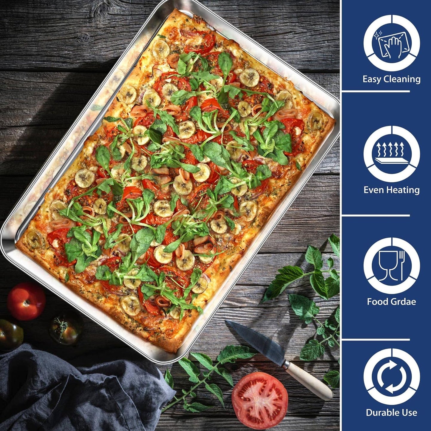 P&P CHEF 17.3 Inch Baking Cookie Sheet, Oven Pan Tray Stainless Steel Sheet Pan for Kitchen, Oven Bakeware for Multi Uses, Shiny Look & Dishwasher Safe, Healthy & Heavy Duty, 2Pcs