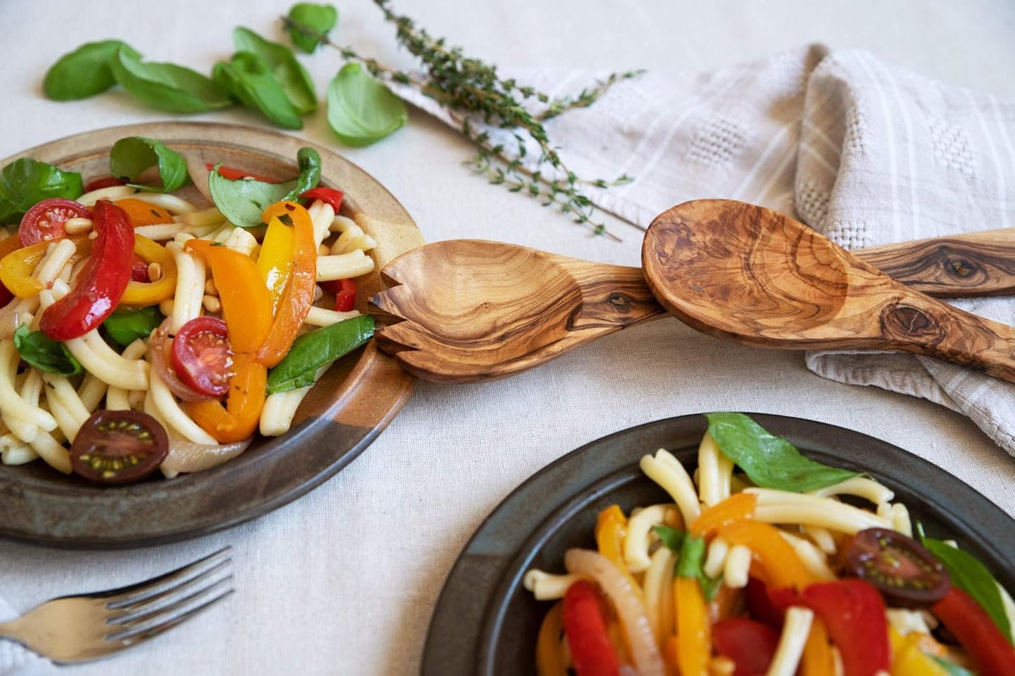 Tramanto Olive Wood Salad Server Set - 12 Inch Wooden Tongs - Rustic French Style