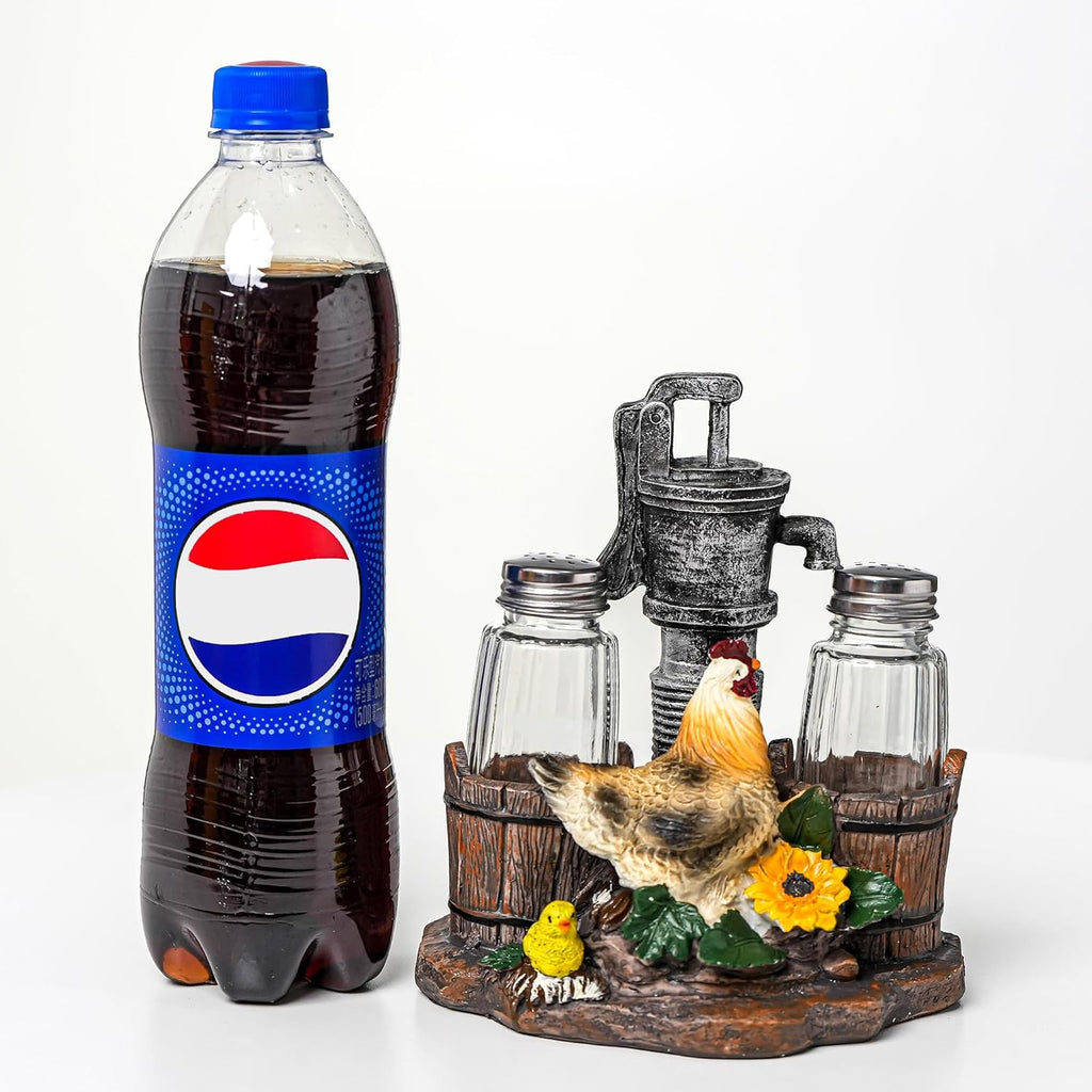 Rustic Salt And Pepper Shakers Set - Salt And Pepper Dispenser with Resin Hen Well Figurine And Statues Holder - Farmhouse Kitchen DéCor with Glass Spice Jars
