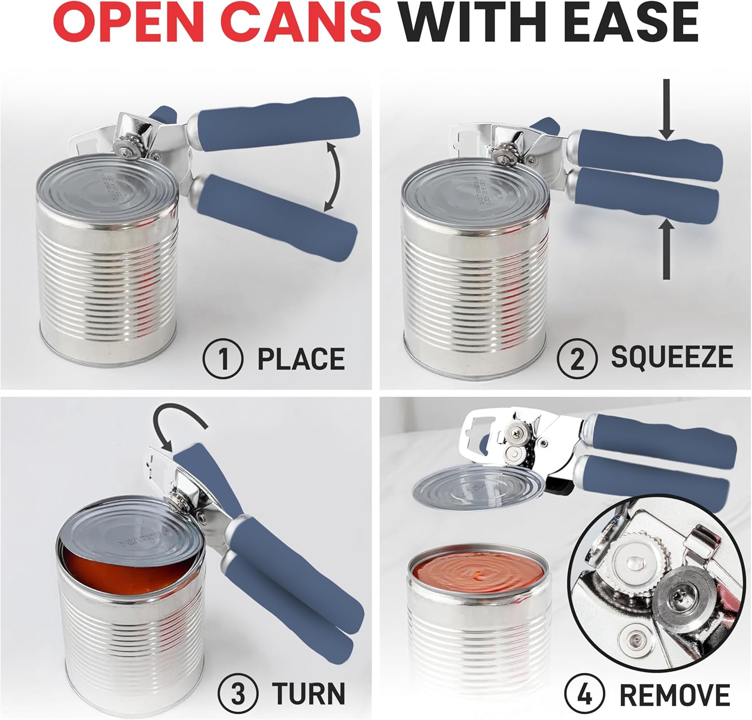 Zulay Kitchen Heavy Duty Stainless Steel Can Opener Manual with Bottle Opener - Rust Proof Manual Can Opener With Turn Knob & Comfy Soft Grip Handles - Blue