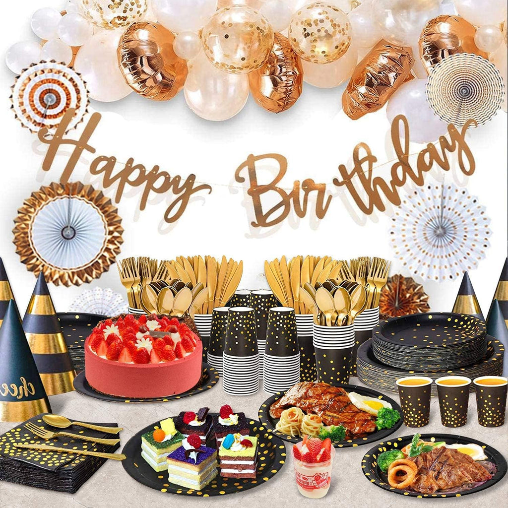 AIRE 175PCS Black and Gold Plates Party Supplies Dinnerware Sets for 25 Guests, Disposable Paper Party Plates, Dessert Plates, Cups, Napkins, Plastic Spoons, Forks, Knives for Wedding, Birthday