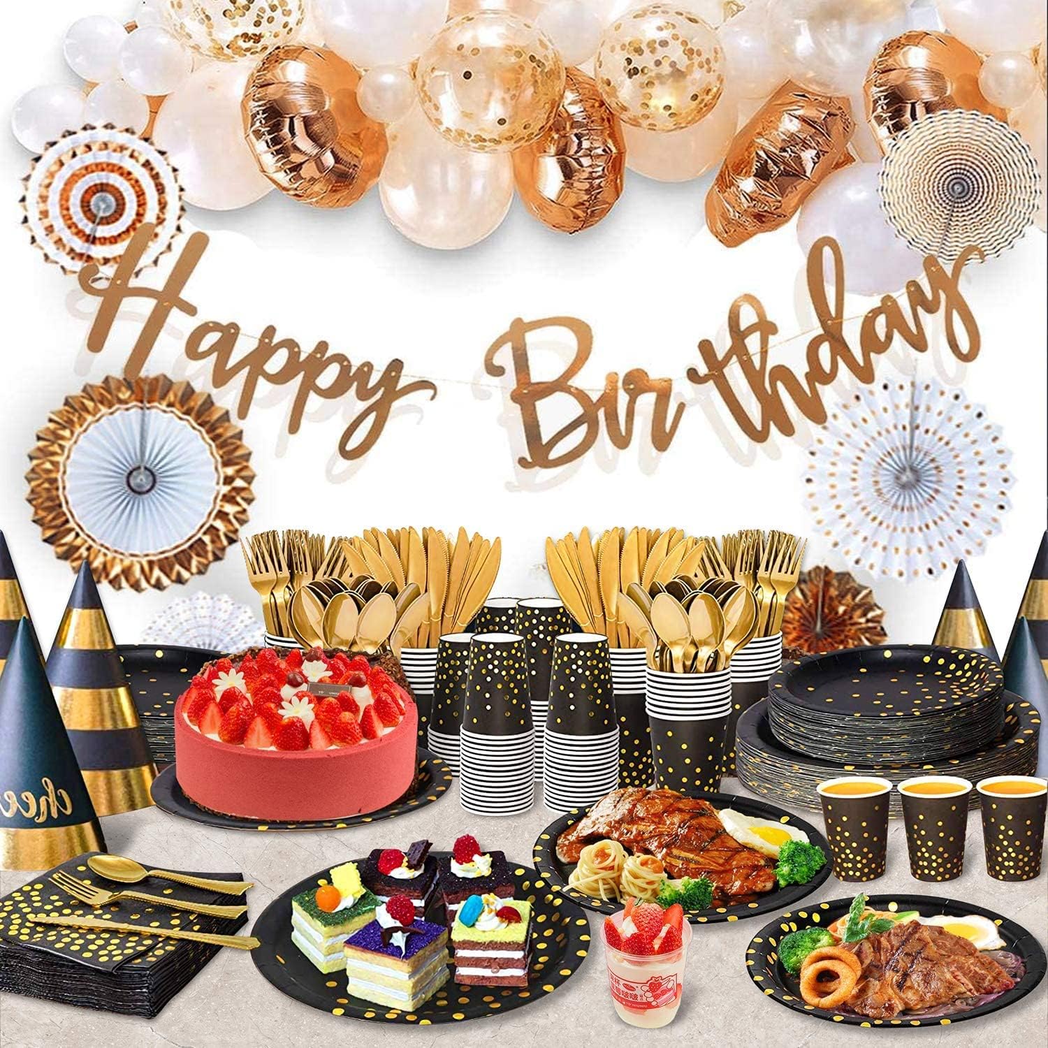 AIRE 175PCS Black and Gold Plates Party Supplies Dinnerware Sets for 25 Guests, Disposable Paper Party Plates, Dessert Plates, Cups, Napkins, Plastic Spoons, Forks, Knives for Wedding, Birthday