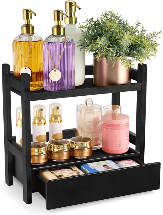 Sorbus Bamboo Bathroom Counter Organizer – 2-Tier Shelf with Hidden Drawer for Vanity, Matcha Station, Bathroom Sink Organizer Countertop, Kitchen & Office Storage (13″ L x 6.5″ W x 12.6″ H) (Black)