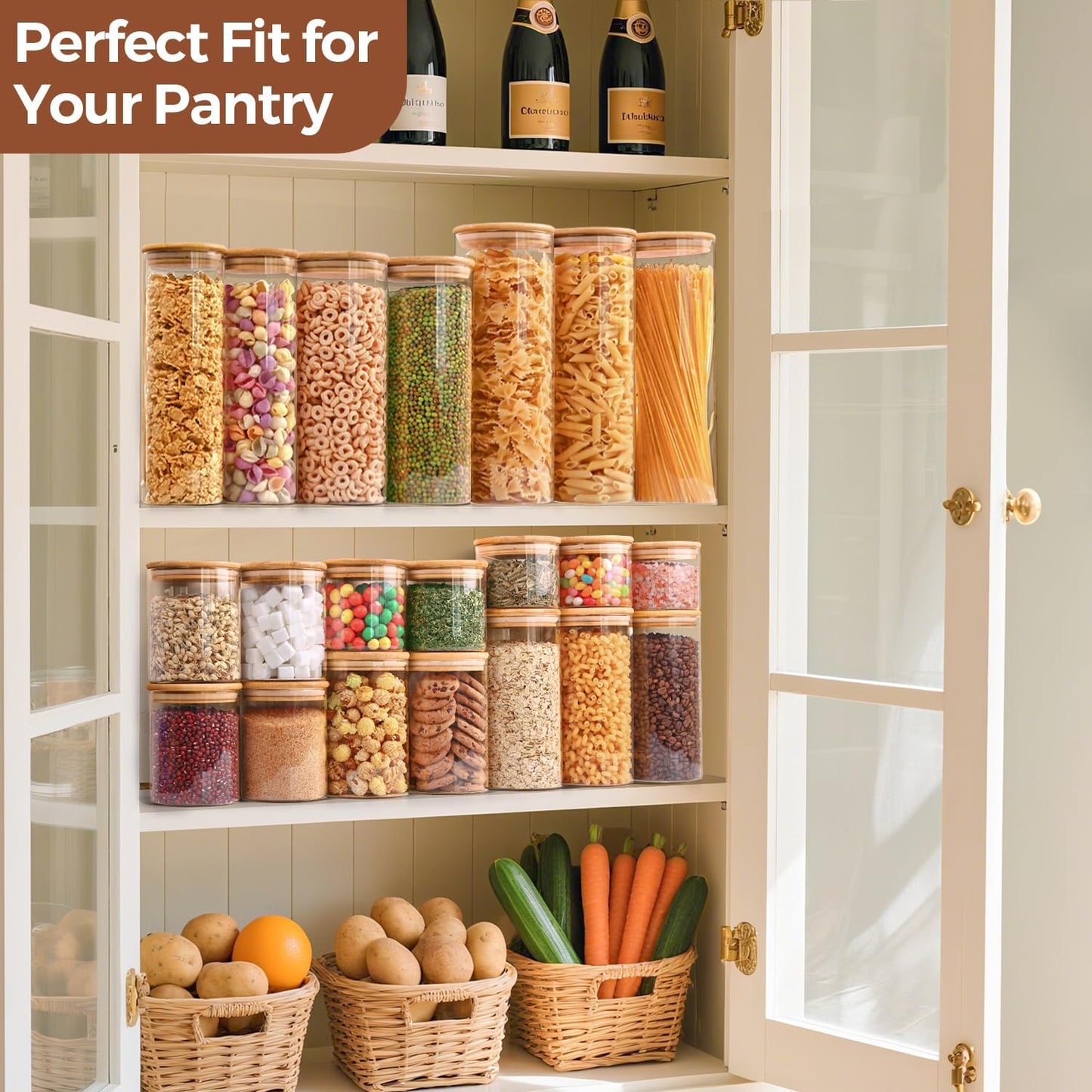 ComSaf Glass Food Storage Jars Set of 6, Clear Glass Storage Containers with Lids, Canisters Sets for the kitchen, Spaghetti, Pasta, Flour, Nuts, Oat, Coffee and Sugar Container, Pantry Organization