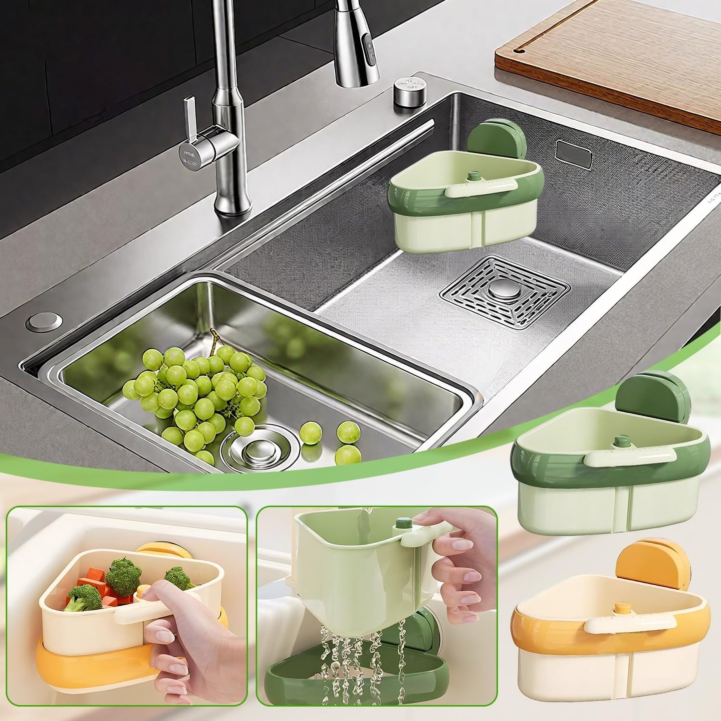 Sink Strainer Basket,2025 New Upgraded Suction Cup Press Sink Drainer Basket,Suction Cup Corner Rack,Corner Trash Catcher for Food Waste,Faucet Sponge Storage Rack (Green)