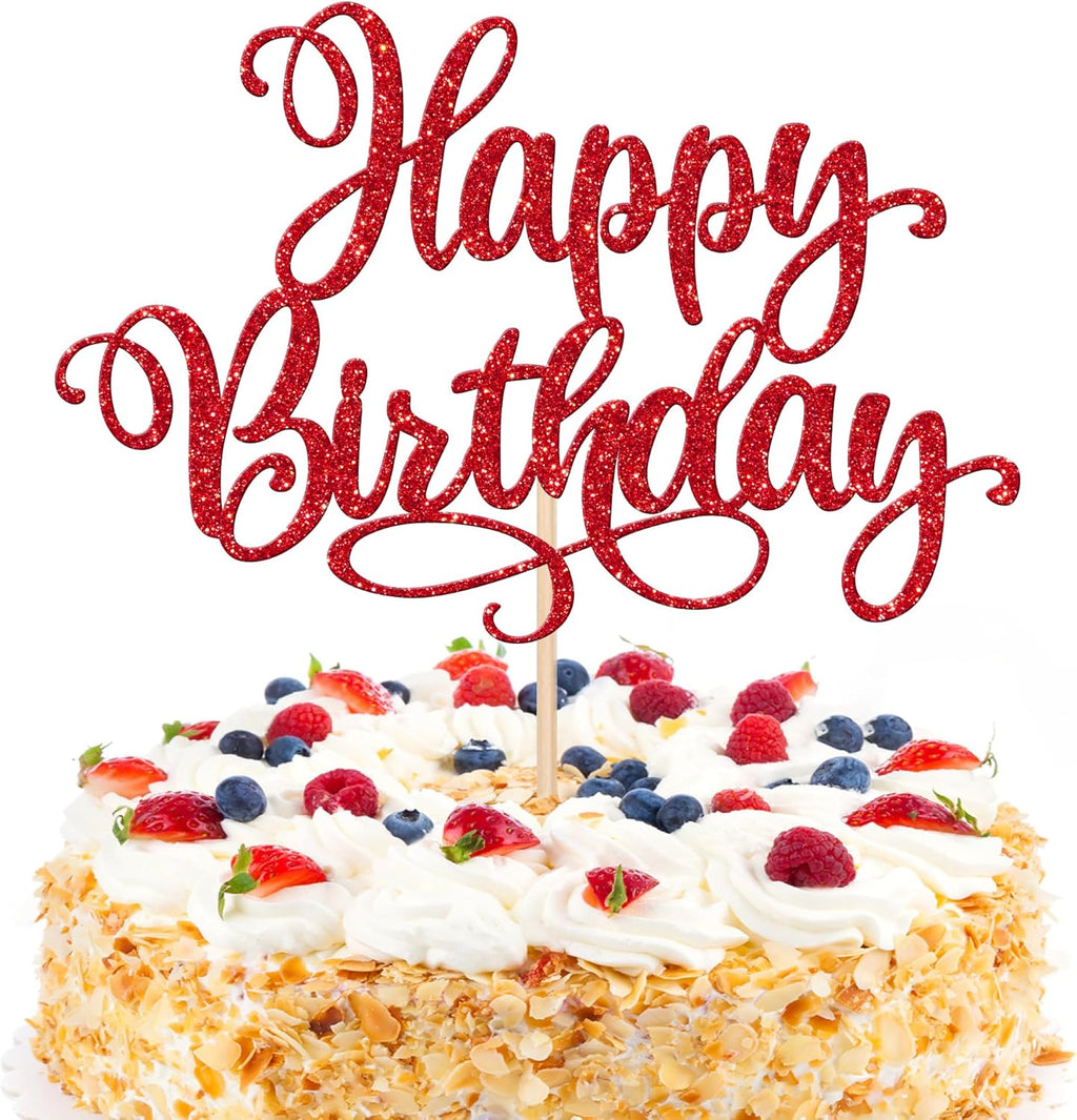1 PCS Happy Birthday Cake Topper Glitter Happy Birthday Cake Pick Bunting Decor for Anniversary Celebrating Happy Birthday Party Cake Decorations Supplies Red