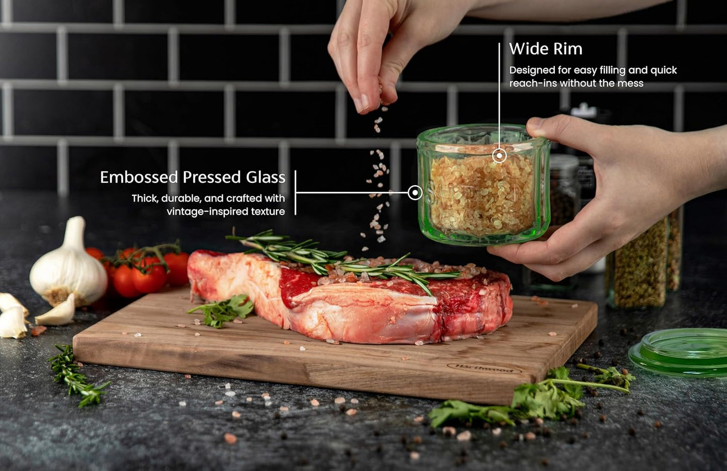 KooK Glass Salt Cellar, with Lid, Embossed Pressed Glass, Clear Storage Container, for Coffee, Sugar, Spices and Candies, 10 oz (Lime Green)