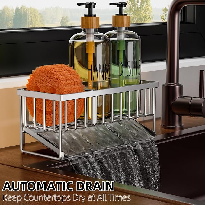 Cisily Kitchen Dish Soap Dispenser Set Stainless Steel Sponge Holder and 2 Pack - Image 8