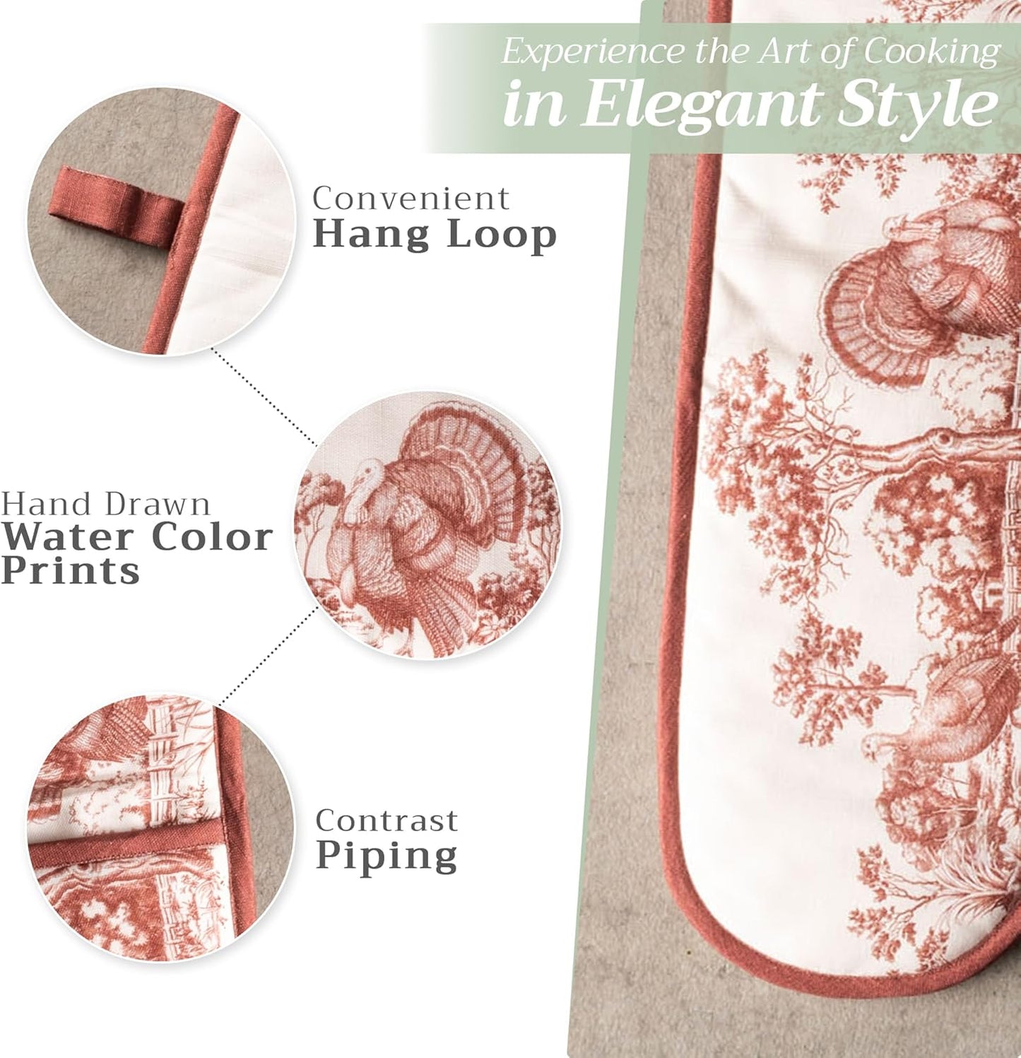 Maison d' Hermine Double Oven Mitt 100% Cotton Heat Resistant Cooking Gloves with Loop, Baking Barbeque, Handling Hot Pan, Holy Jouy - Brown - Thanksgiving/Christmas (7 Inch x 35 Inch)