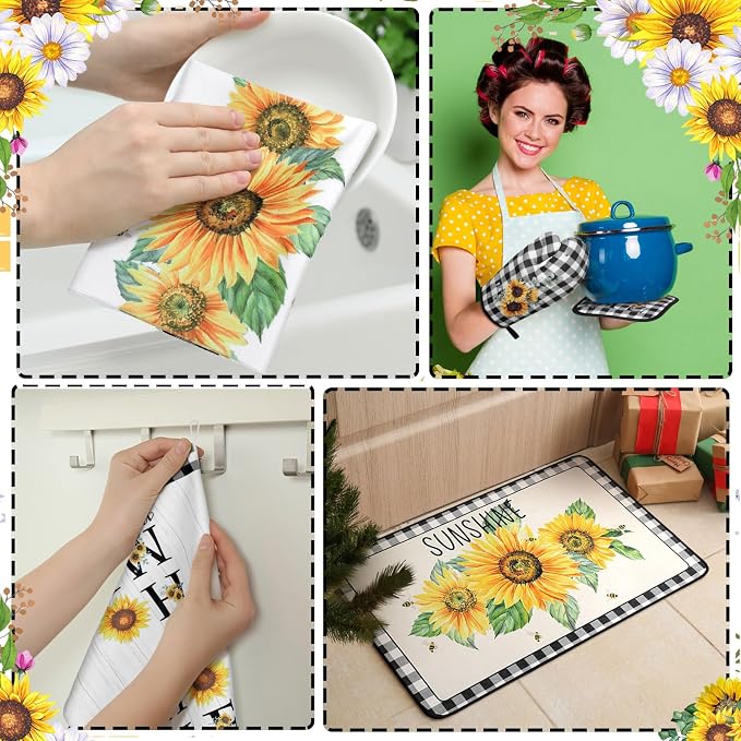 Fourluoo 10 Pcs Sunflower Kitchen Decor 4 Black and White Buffalo Plaid Dish - Image 4