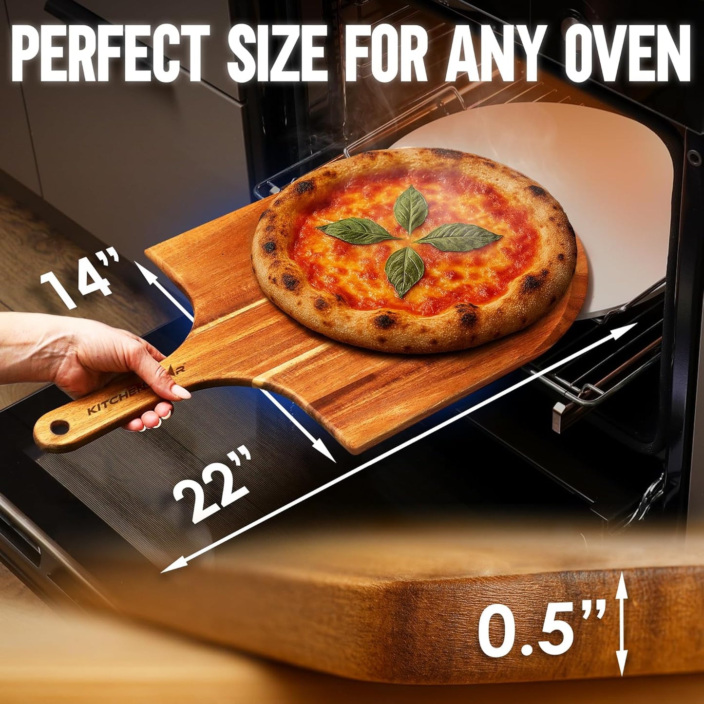 KitchenStar 14-Inch Acacia Wood Pizza Peel – Large Wooden Cutting & Serving Board with Handle – Natural Oil Finish – Ideal Pizza Oven Accessory for Easy Sliding & Prep