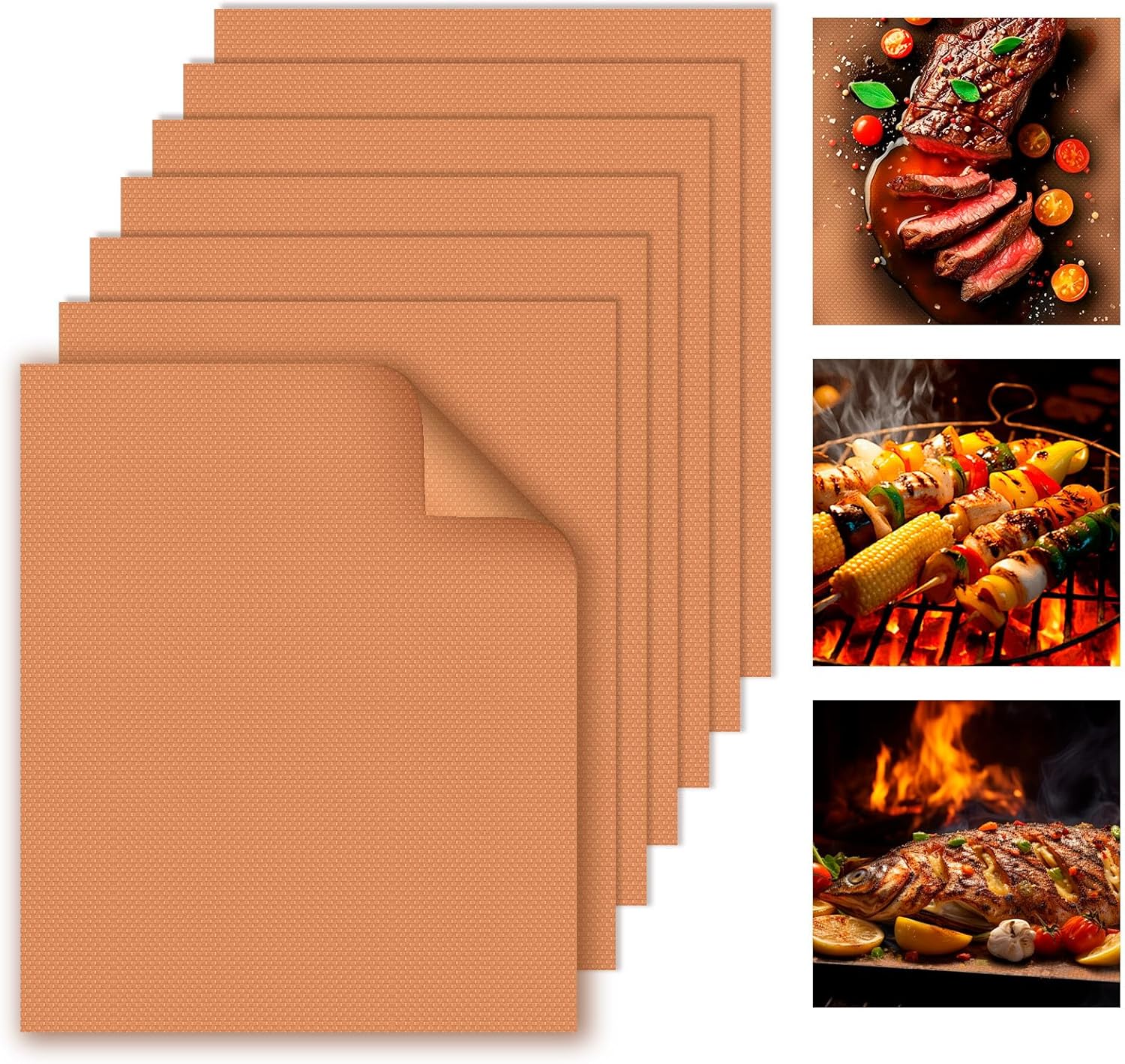 WIBIMEN Grill Mats for Outdoor Grill, Copper 7pcs Grill Mat, 100% Non-Stick PFOA Free 15.75 x 13", Heavy Duty, Reusable and Easy to Clean - Gas Charcoal & Electric BBQ