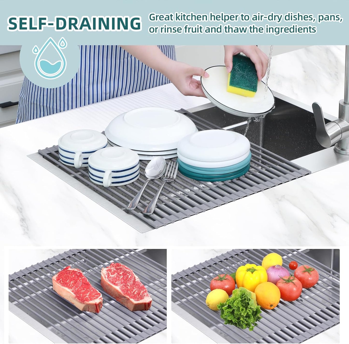Ohuhu Over Sink Dish Drying Rack, Silicone Wrapped 17.6" W x 15.4" L Large Over The Sink Roll Up Dish Drainer - Foldable Sink Drying Rack Rolling Drain Mats Anti-Slip Multipurpose for Kitchen Counter