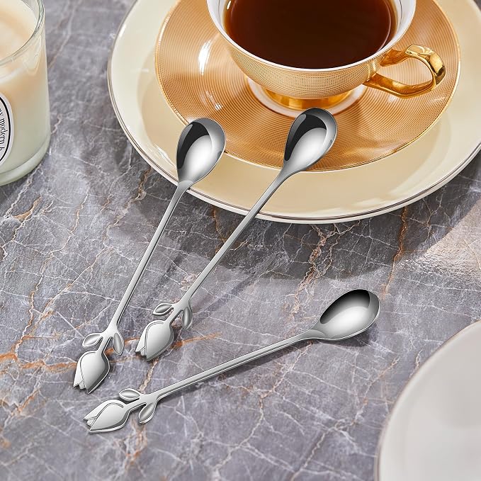 Silver Tulip/Rose Handle 12-Pcs Mini Coffee Spoons Set - Image 4