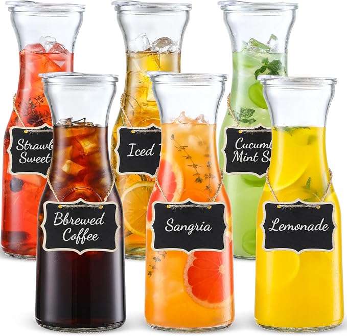 Set of 6 Glass Carafe with Lid, 1 Liter Beverage Serveware Carafe, Cold Water by NETANY