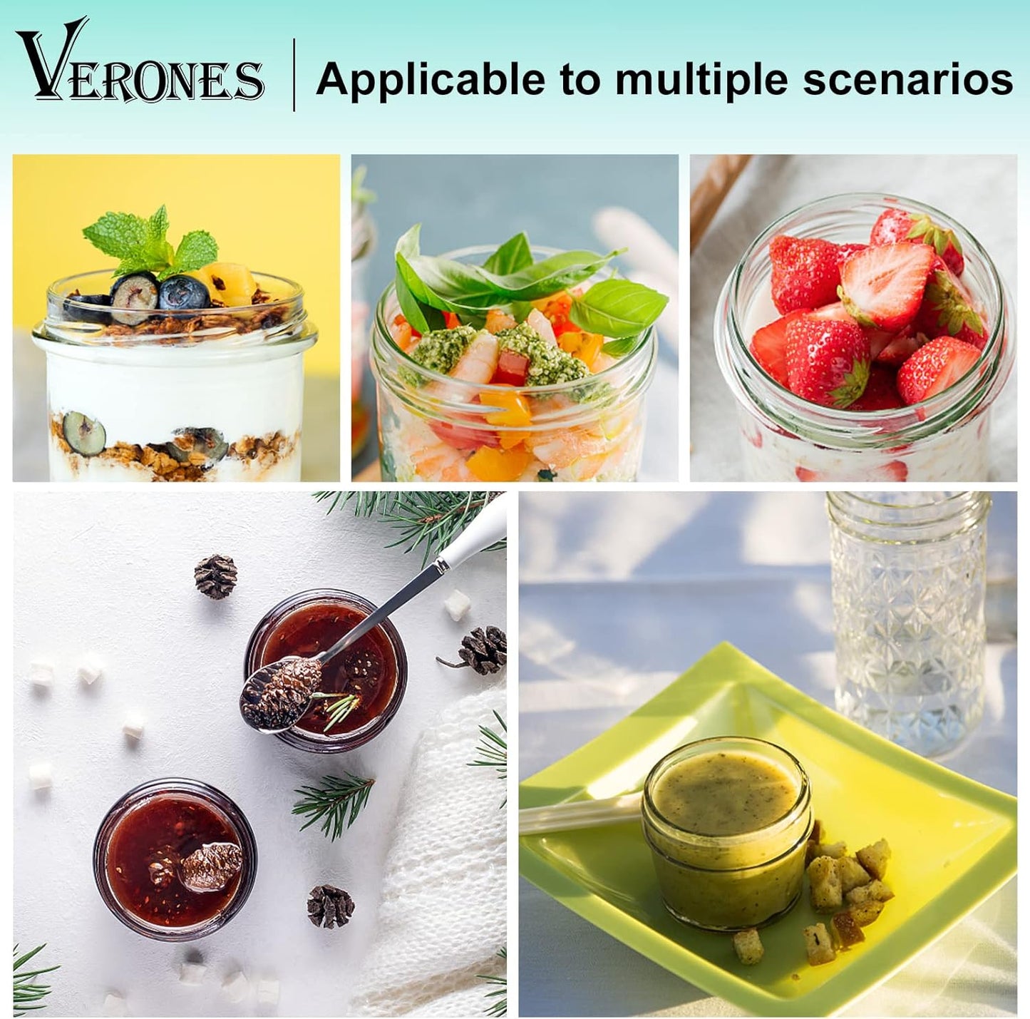 VERONES Mason Jars, 4OZ Canning Jars With Regular Lids and Bands, Ideal for Jam, Honey, Wedding Favors, Shower Favors, DIY Spice Jars, 40 PACK