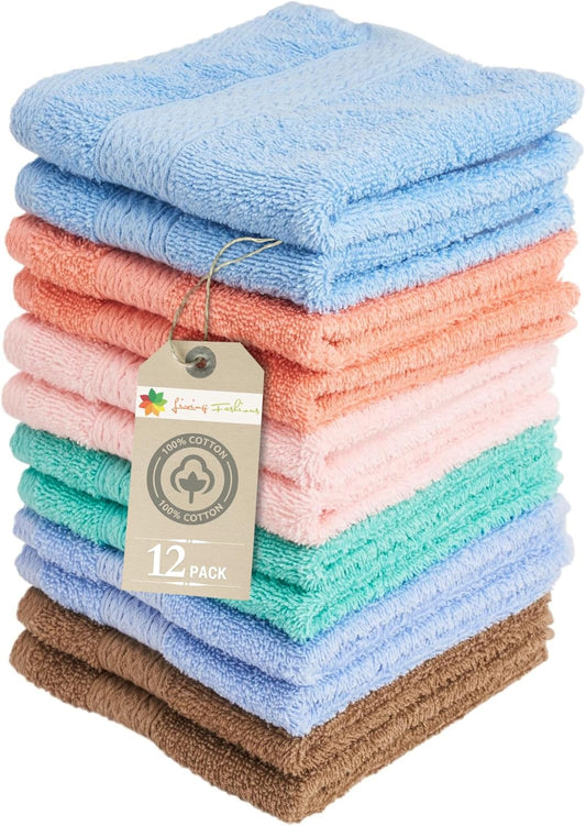 Luxurious Washcloths – Set of 12 – Size 13” x 13” – Thick Loop Pile Washcloth – Absorbent and Soft 100% Ring-Spun Cotton Wash Cloth – Lint Free Face Towel – Wash Cloths Perfect for Bathroom