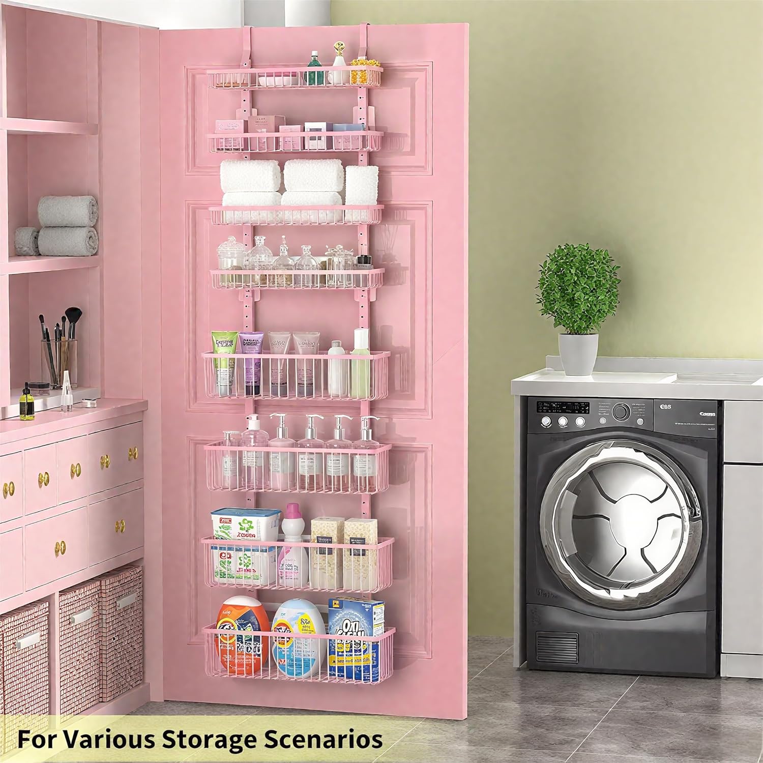 Moforoco Pink Over The Door Pantry Organizer, Pantry Door Organizer Shelves, Kitchen Organizers and Storage, Hanging Basket Wall Spice Rack Seasoning Shelves, Laundry Room Bathroom accessories