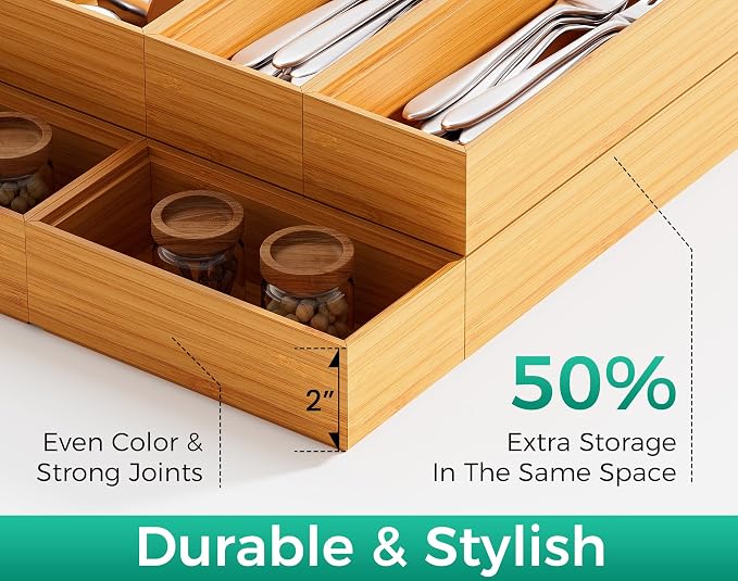 Bamboo Kitchen Drawer Organizer Boxes – 14" x 5" Stackable Wood Silverware - Image 4