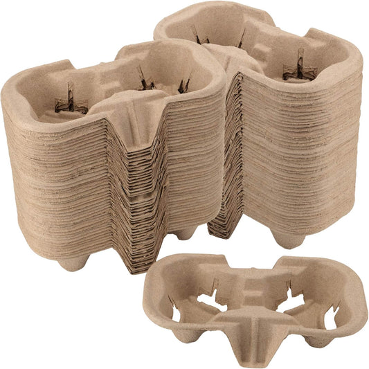 2 Cup Pulp Fiber Drink Carrier, 100 Pack Biodegradable Disposable Take-Out Cup Carriers Holders for Coffee, Hot Cold Drinks, Beverages Transportation, Food Delivery Service 8.6x 4.3x1.7 inch