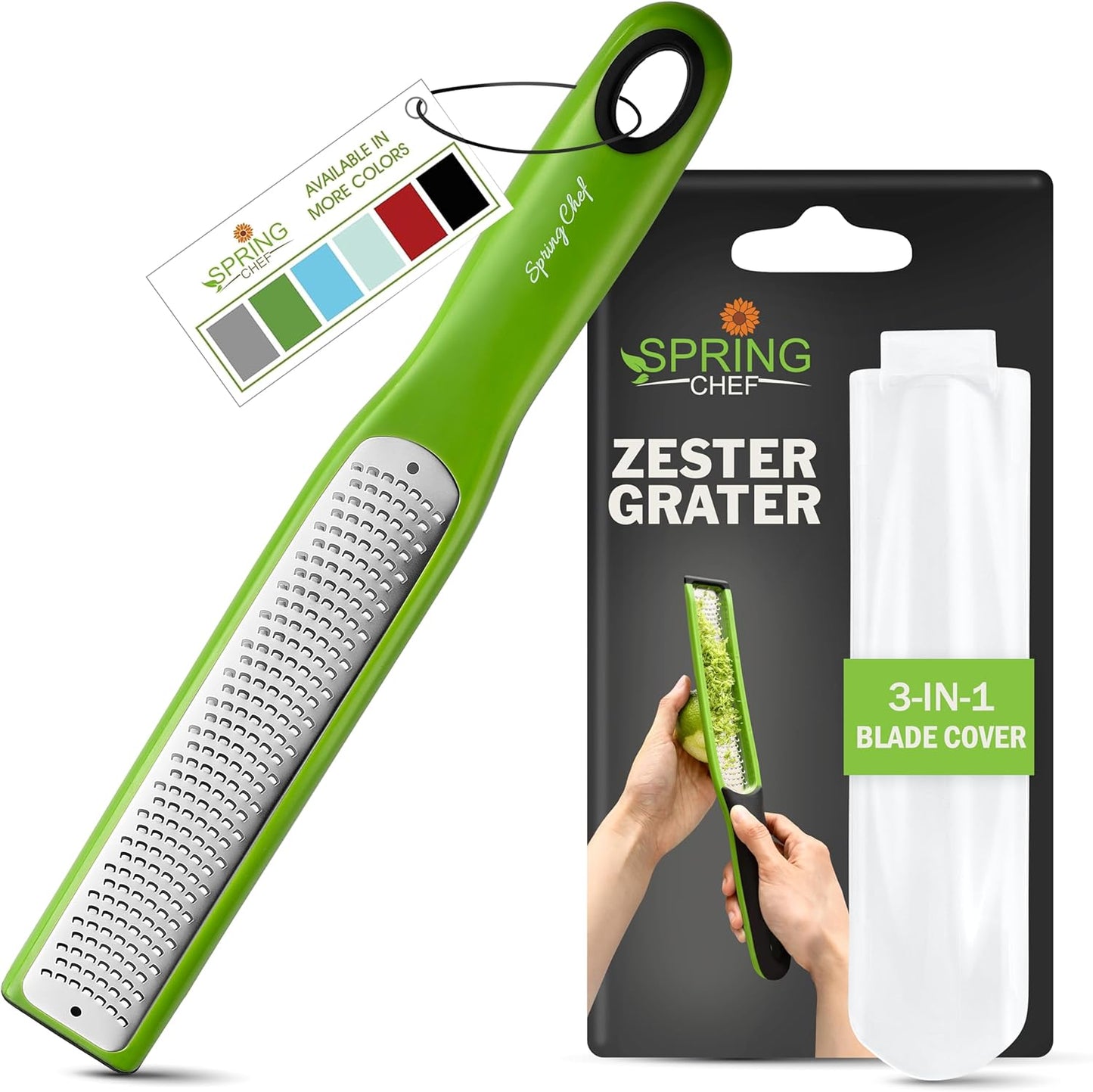 Spring Chef Premium Lemon Zester Grater with Handle - Orange, Garlic, Ginger, Nutmeg, Cheese Grater- Handheld Sharp Kitchen Tool - Stainless Steel Citrus Zester with Blade Cover - Fine Shred, Green
