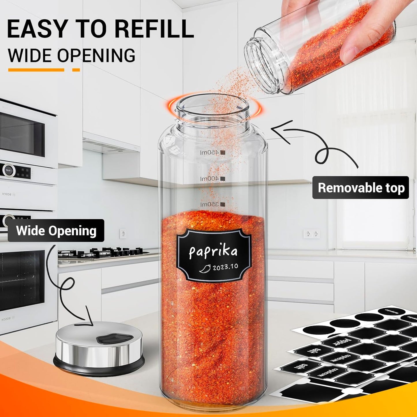 Segarty Spice Jar with Labels, 3 Pack 15oz Glass Spice Shakers with Adjustable Pour Lids, Clear Large Spices Bottles for Herb Salt Pepper, Condiment Containers with 136 Labels, 1 Marker Pen and Brush