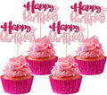 Ephlyn 24Pcs Happy Birthday Cupcake Toppers Double Layer Glitter Happy Birthday Cake Decorations for Celebrating Baby Shower Theme Kids Boys Girls Birthday Anniversary Party Supplies Rose Red Pink