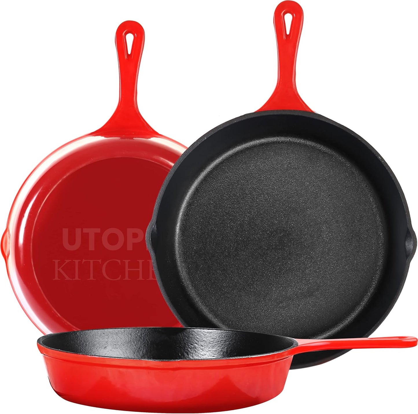 Utopia Kitchen Cast iron Skillets 3 Piece Set,Chefs Pan, Pre Seasoned Cast iron Skillets, 6, 8 & 10 Inches, Easy Use in the Oven, Stove, Grill, or Campfire, Red