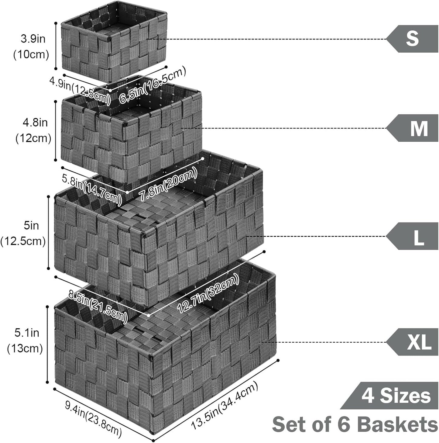 Woven Storage Baskets, Storage Bins, Cube Basket Container Baskets Storage Boxes Organizers for Clothes /Shelves/ Closet, Set of 6 (Grey)