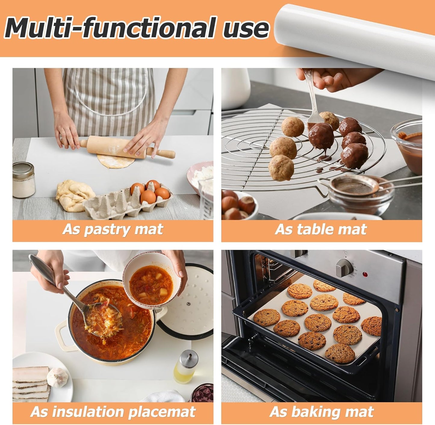 Silicone Baking Mat Roll, Non-Stick Heat Resistant Food Grade Baking Mats, Non-Slip Reusable Air Fryer Linner, Freeze Dryer Mat, Counter Mat, Oven Liner, Refrigerator Liners - 12IN x 8FT