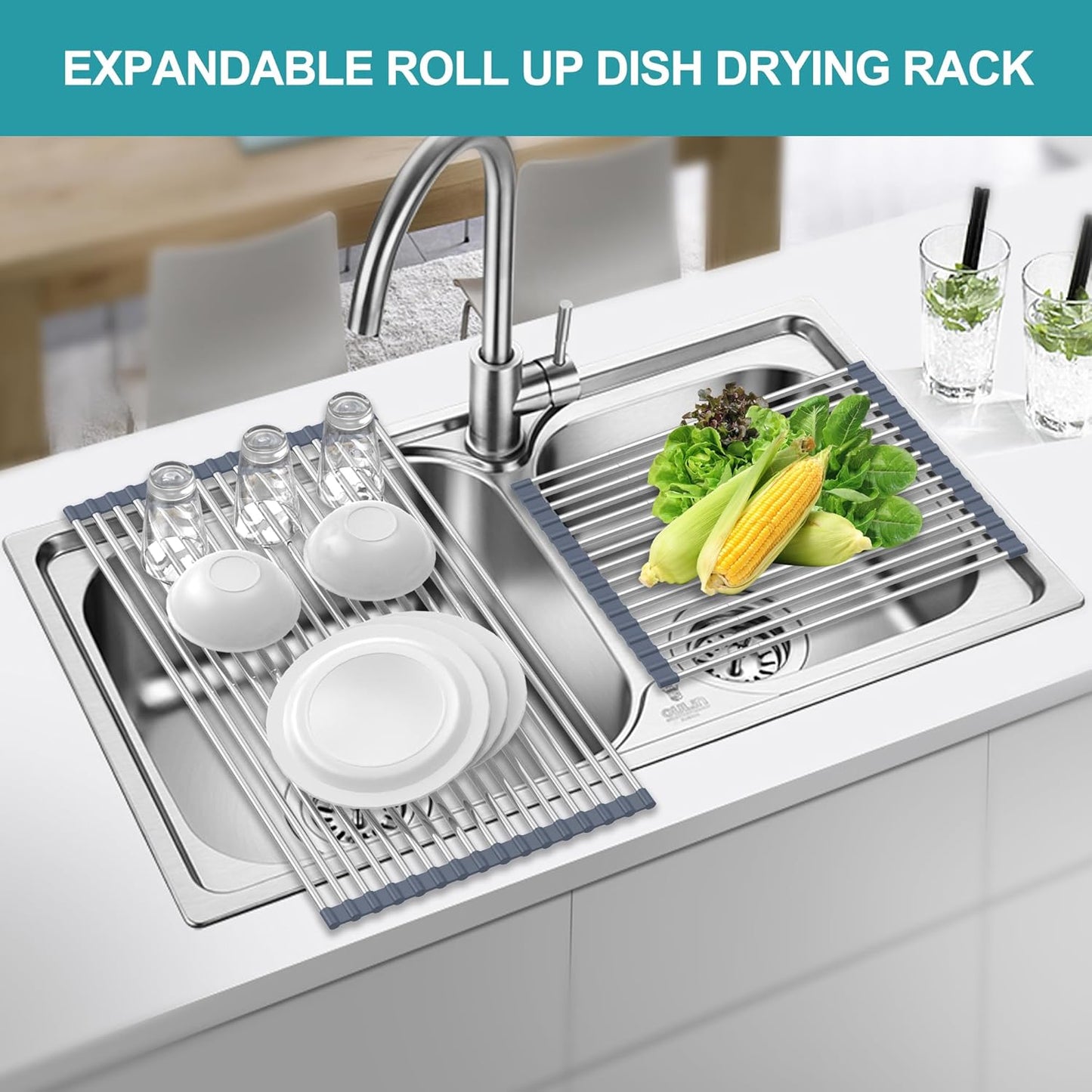 BBXTYLY Extra Expandable Roll Up Dish Drying Rack,Over The Sink Drying Rack Sink Cover Kitchen Sink Accessories Kitchen Rolling up Stainless Steel Drainer, Foldable,Rollable（Gray，22.8''-12.4''）