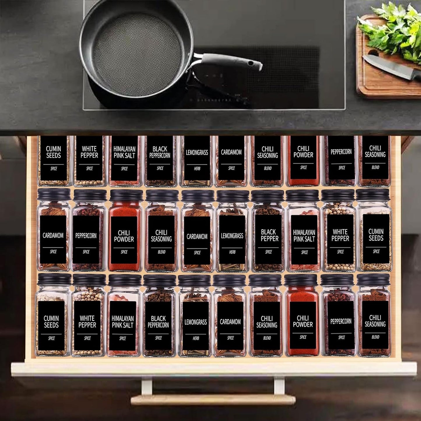 Churboro 48 Spice Jars with 547 Labels- Glass Spice Jars with Black Metal Caps, 4oz Empty Spice Containers with Shaker Lids, Funnel, Chalk Pen, Square Seasoning Bottles for Spice Rack, Drawer, Cabinet