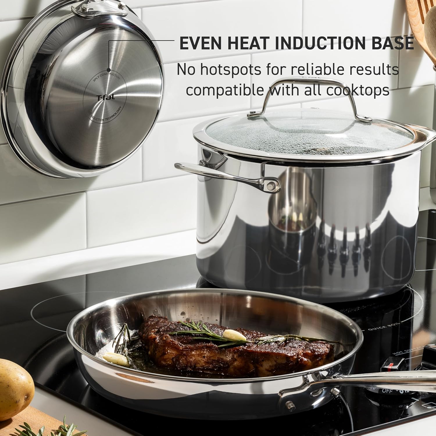 T-fal Pro Tri-Ply Stainless Steel Cookware, 3 Piece Frypan Set, 8 inch, 10 inch, and 12 inch, Silverr