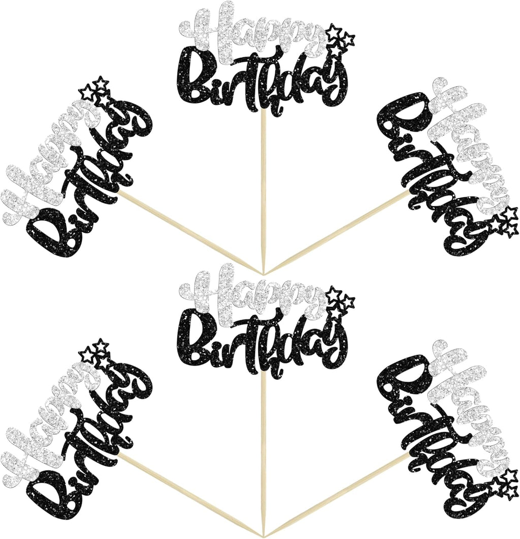 Ephlyn 24Pcs Happy Birthday Cupcake Toppers - Black Silver Glitter - Double Layer - Perfect for Birthday, Baby Shower & Anniversary Parties