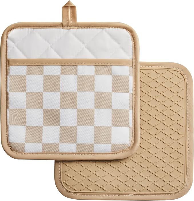 Ohocut Beige Checkered Pot Holder, Checkerboard Potholders by Ohocut