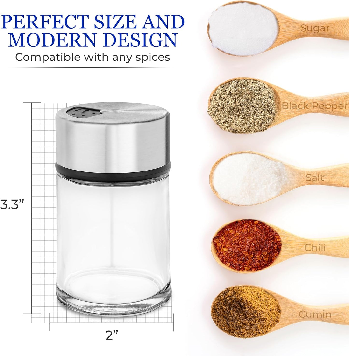 Salt and Pepper Shakers Set with Adjustable Pour Holes - Stainless Steel Spice Dispenser - Perfect for Pink Himalayan, Table Salt, Black and White Pepper (2.4 oz) - set of 2