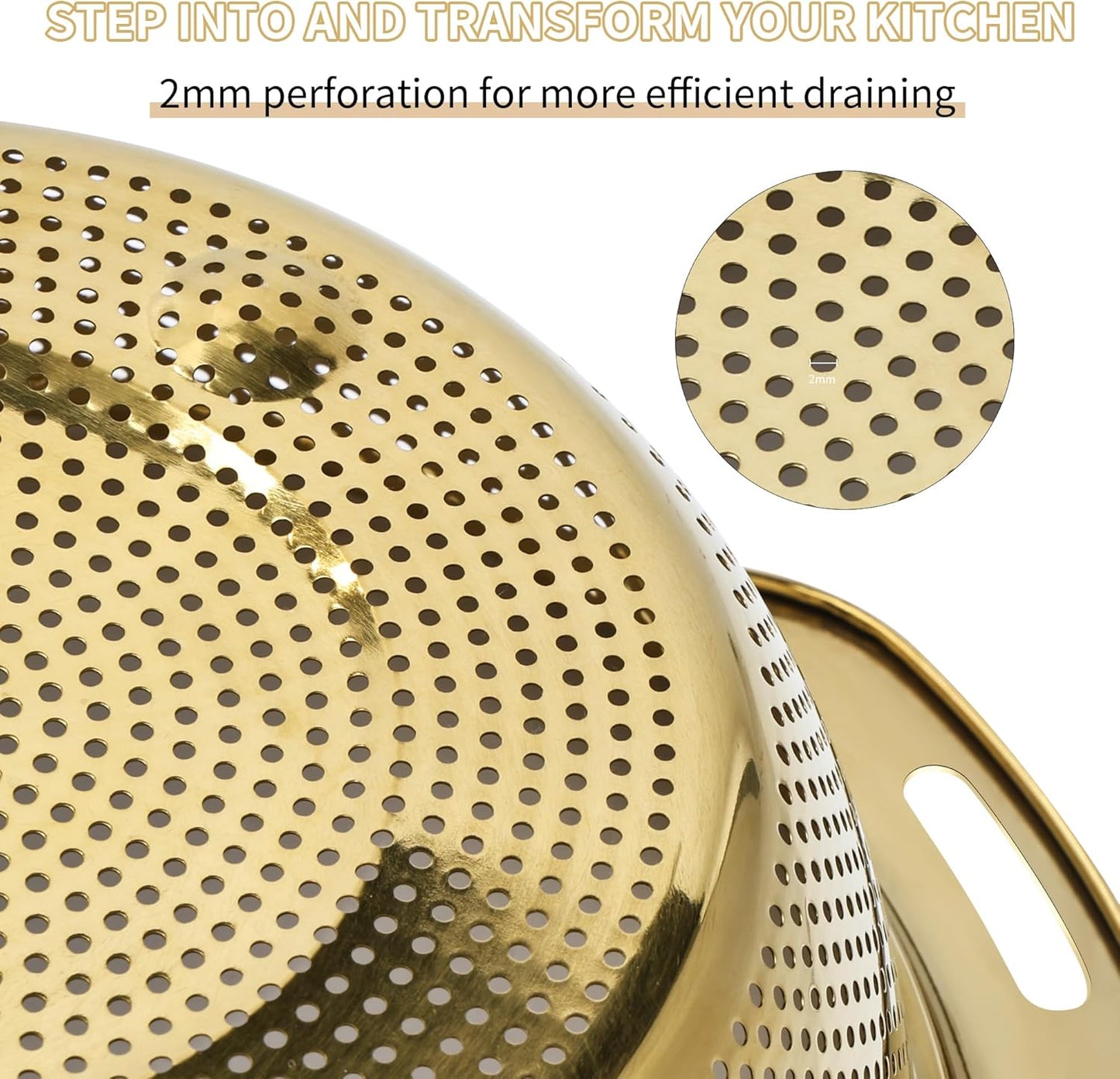 Colander 304 Stainless Steel 3-quart with Mixing Bowls, Strainer for Kitchen Food For washing vegetables, fruit, rice, Dishwasher Safe. (Gold 2PC)